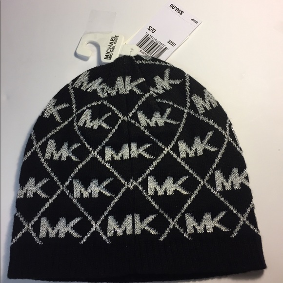 Michael Kors MK Logo Knit Beanie Black/Silver NWT - Picture 2 of 8